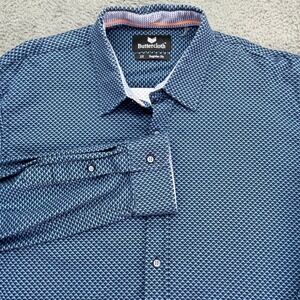 Buttercloth Mens 2X Regular Fit Blue Geometric Print Long Sleeve Dress Shirt